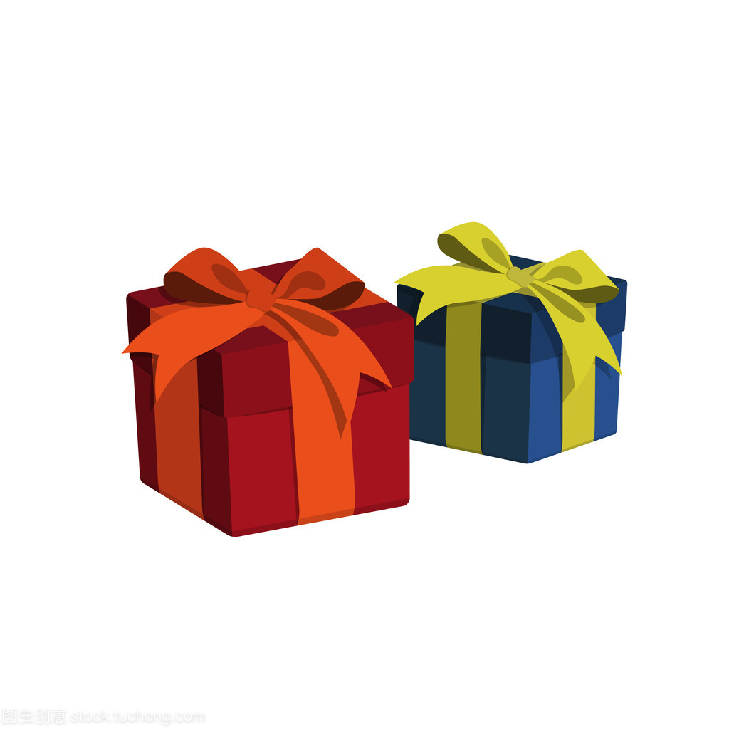 在卡通風(fēng)格的禮品盒。紅色和藍(lán)色的禮物上白色孤立